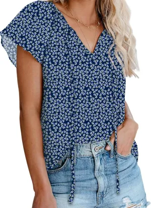 Dokotoo Women's Casual Boho Floral Printed V Neck Tops Drawstring Short Long Sleeve T Shirt Blouses