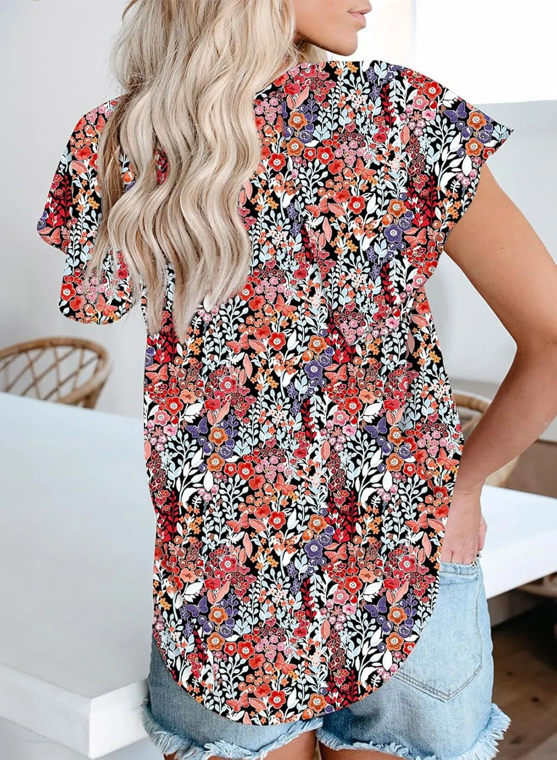 Dokotoo Women's Casual Boho Floral Printed V Neck Tops Drawstring Short Long Sleeve T Shirt Blouses