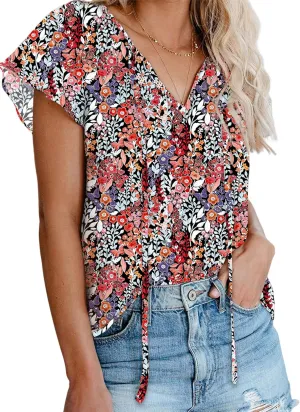 Dokotoo Women's Casual Boho Floral Printed V Neck Tops Drawstring Short Long Sleeve T Shirt Blouses