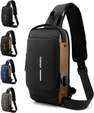 DOTH Carbon Fiber Streamline Anti-theft Sling Bag, USB Charging Sport Sling, Waterproof Shoulder Backpack, Sports Crossbody Bag (Black with Brown)