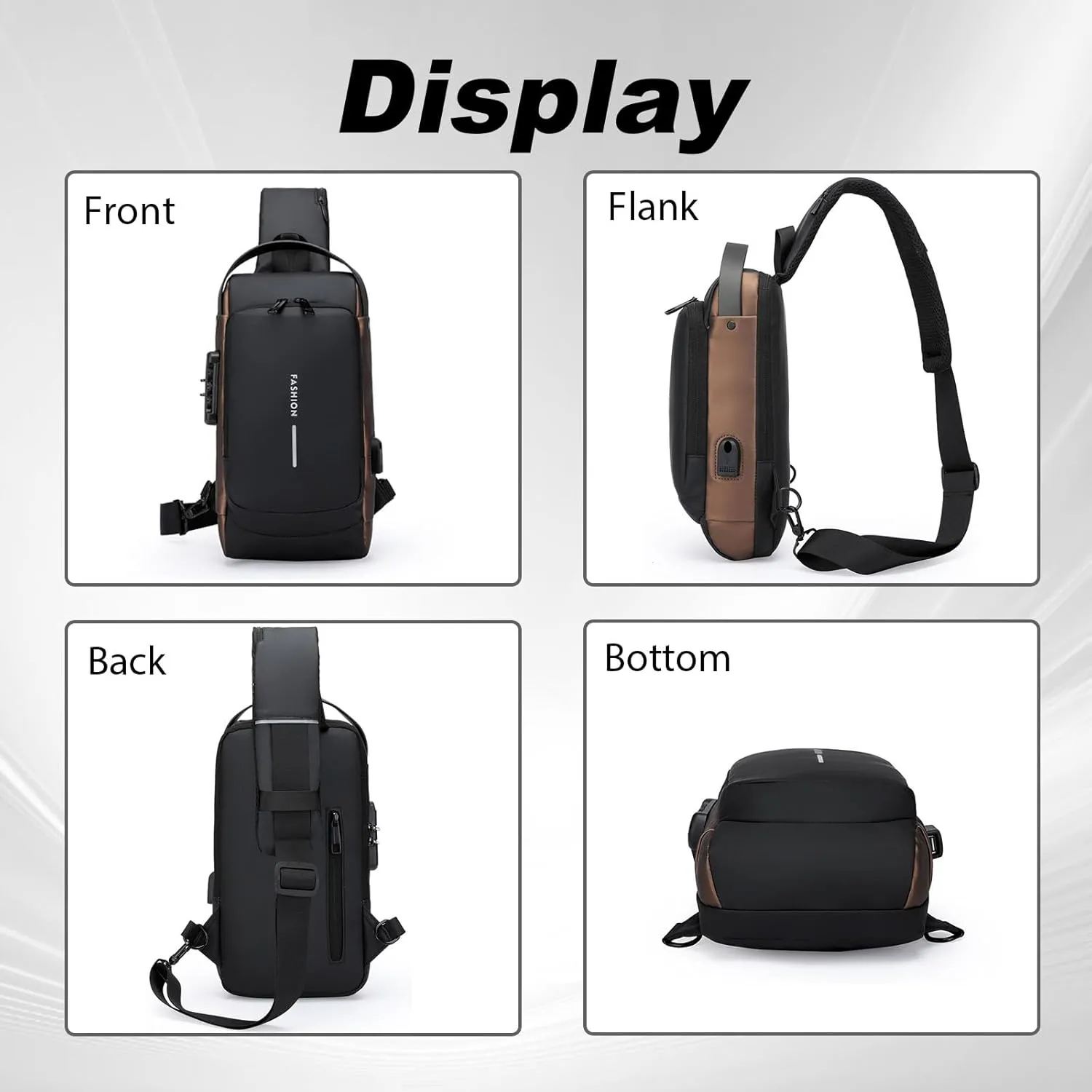 DOTH Carbon Fiber Streamline Anti-theft Sling Bag, USB Charging Sport Sling, Waterproof Shoulder Backpack, Sports Crossbody Bag (Black with Brown)