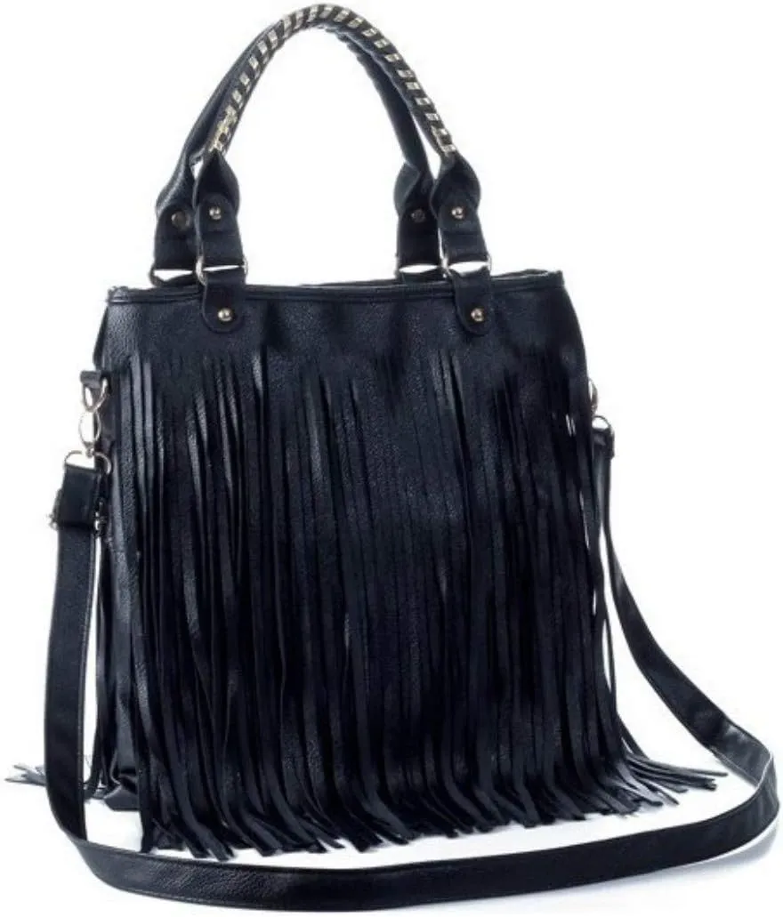 Downupdown Women Tassel Fringe Shoulder bag Big Tote Messenger Handbag Hobo Cross Body Bag (Black)