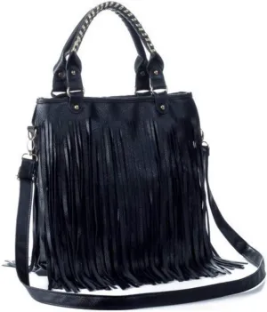 Downupdown Women Tassel Fringe Shoulder bag Big Tote Messenger Handbag Hobo Cross Body Bag (Black)