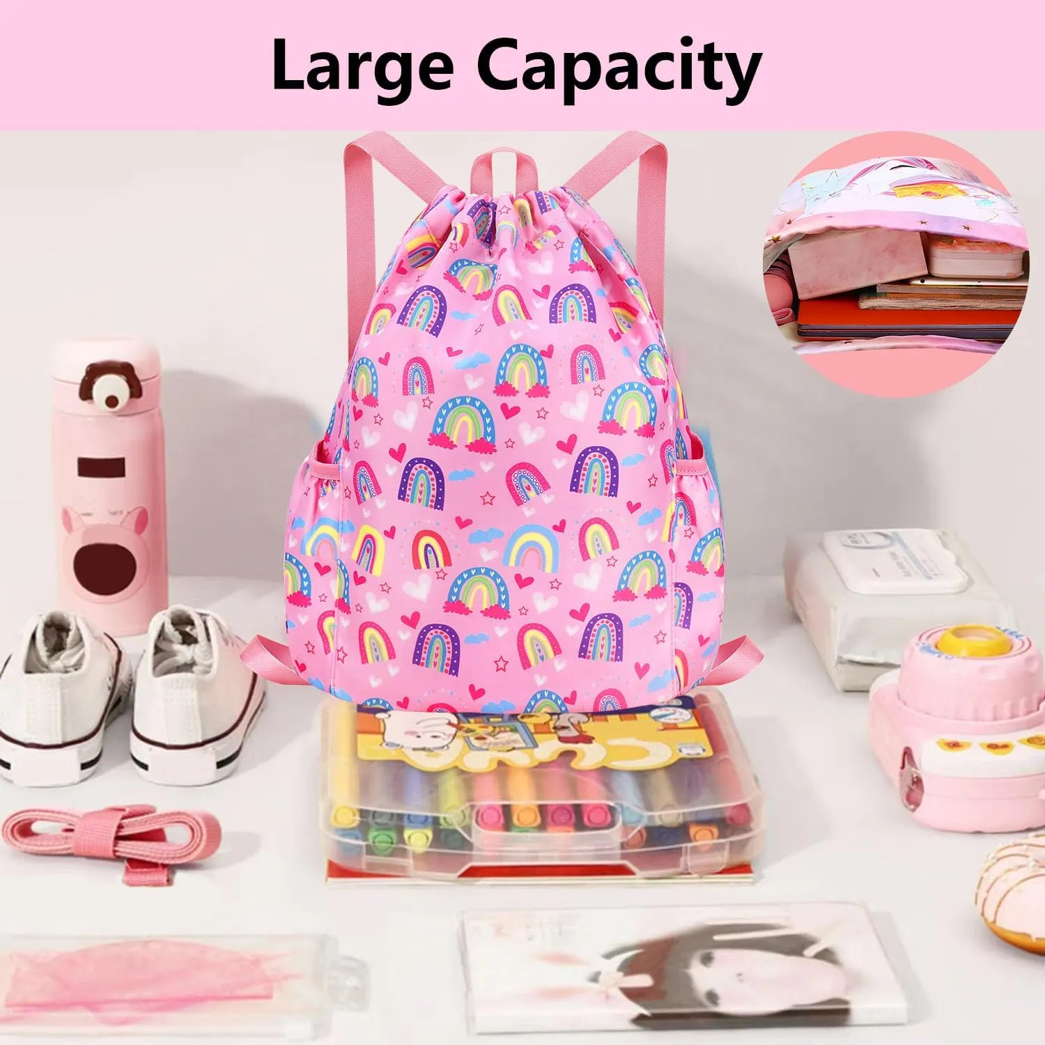 Drawstring Backpack for Kids - Girls Dance Bag,Sport Gym Beach Swim Travel Daypack With Two Water Bottle Holder