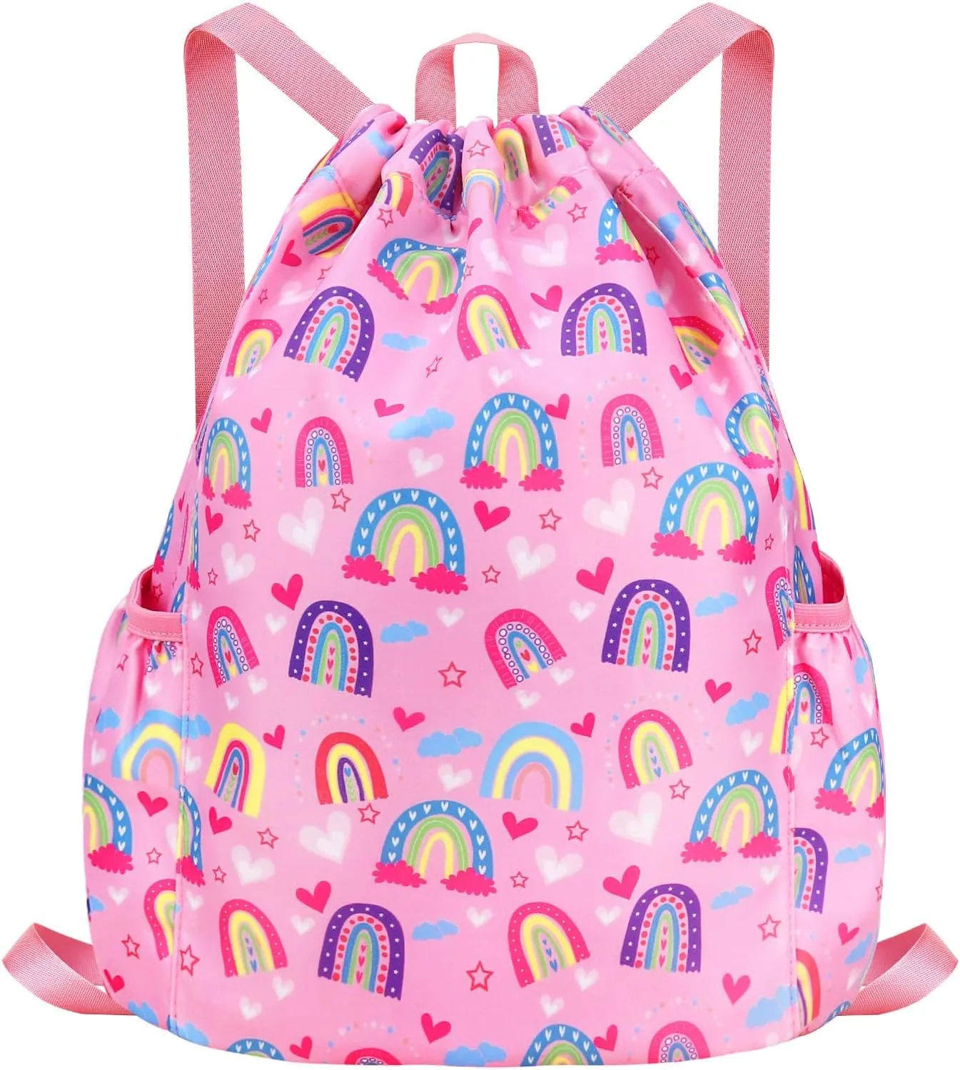 Drawstring Backpack for Kids - Girls Dance Bag,Sport Gym Beach Swim Travel Daypack With Two Water Bottle Holder