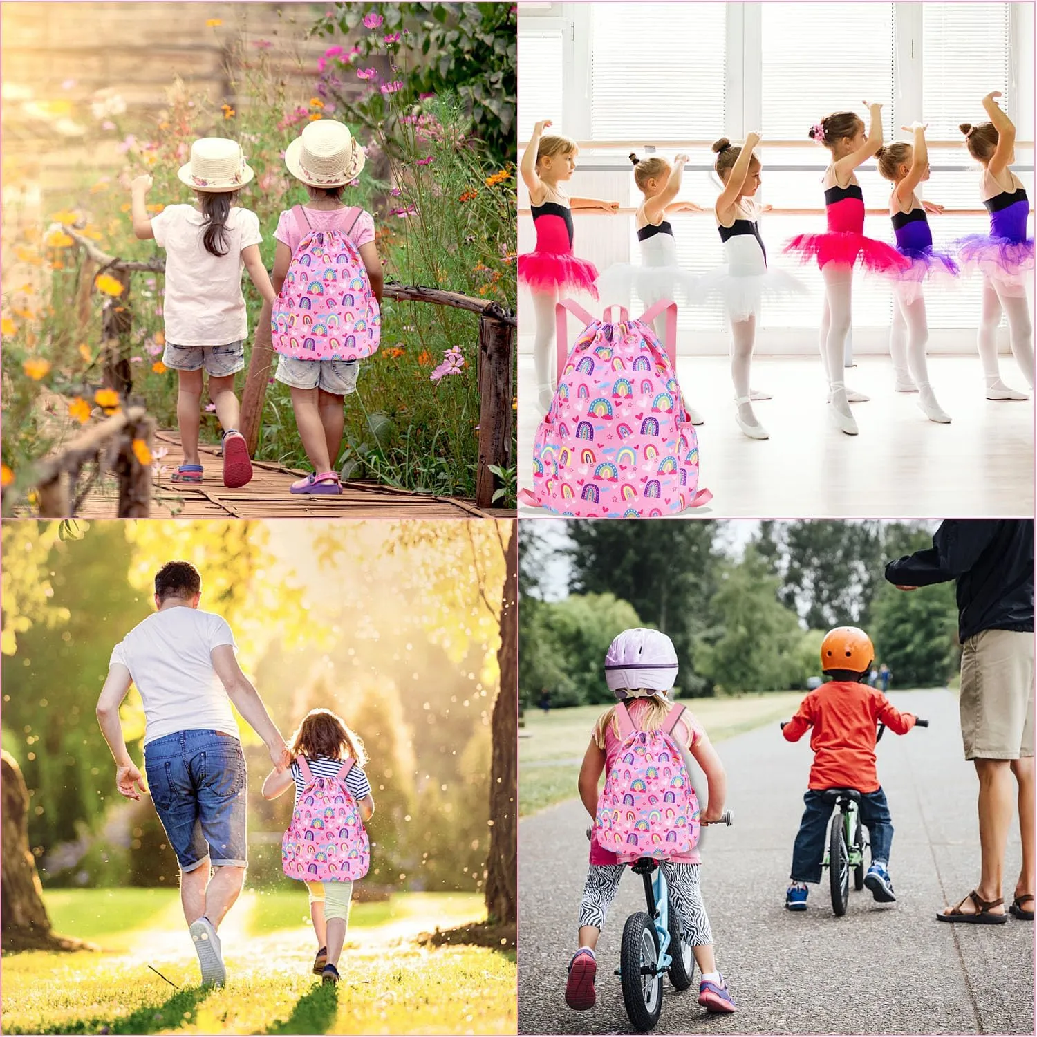 Drawstring Backpack for Kids - Girls Dance Bag,Sport Gym Beach Swim Travel Daypack With Two Water Bottle Holder