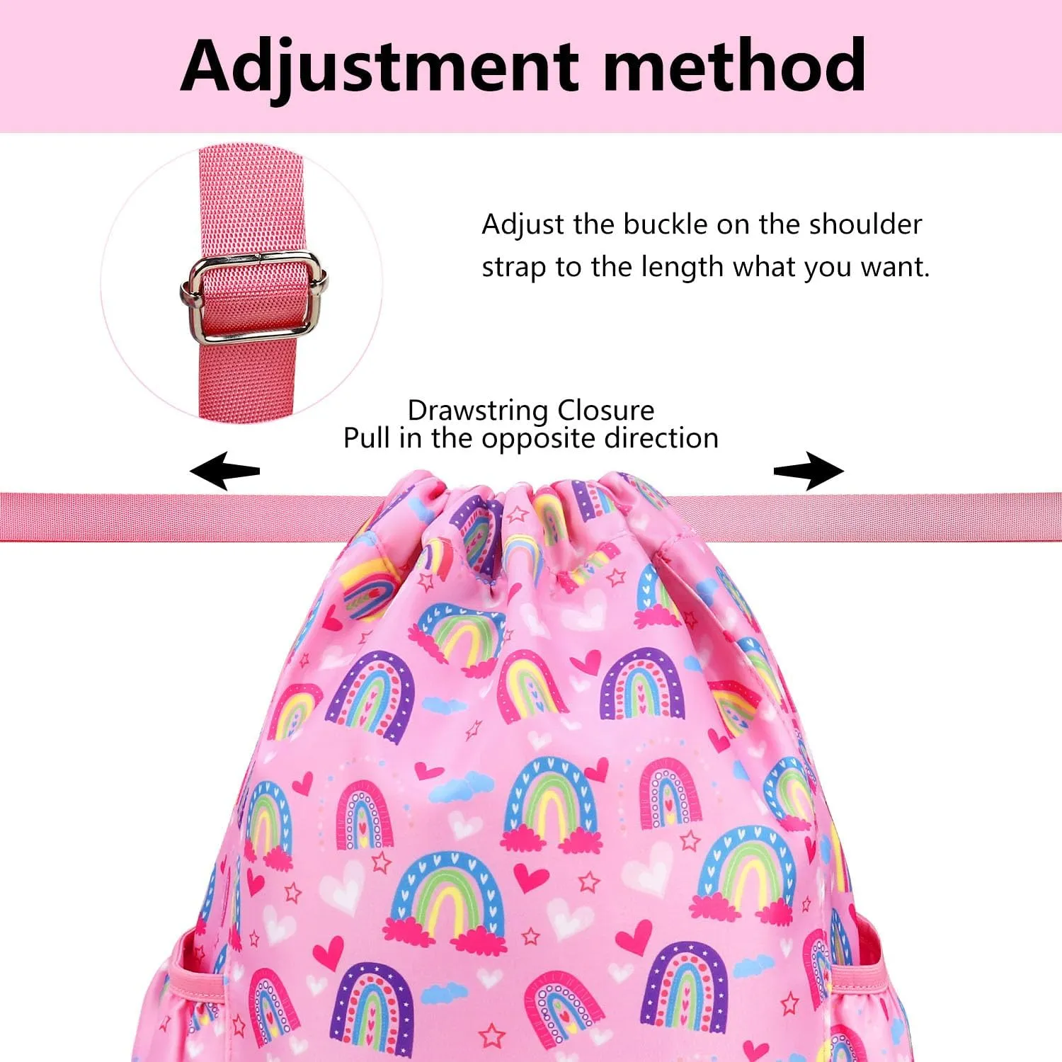 Drawstring Backpack for Kids - Girls Dance Bag,Sport Gym Beach Swim Travel Daypack With Two Water Bottle Holder