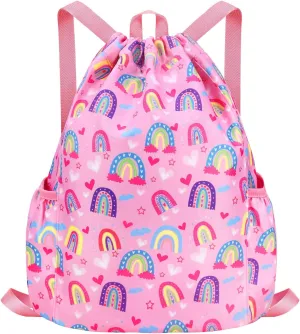 Drawstring Backpack for Kids - Girls Dance Bag,Sport Gym Beach Swim Travel Daypack With Two Water Bottle Holder