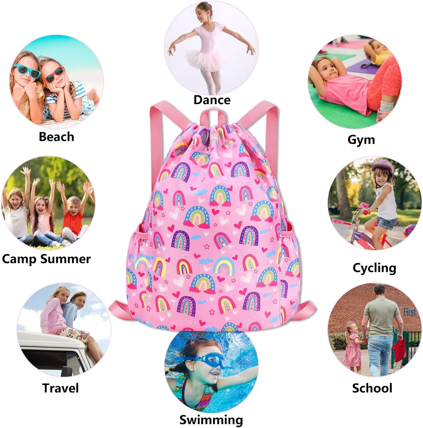 Drawstring Backpack for Kids - Girls Dance Bag,Sport Gym Beach Swim Travel Daypack With Two Water Bottle Holder