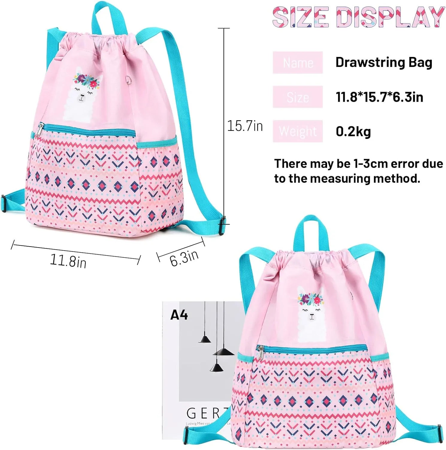 Drawstring Backpack Gym String Bag Drawstring Sackpack Sport Cinch Bag For Womens Girls Mens Alpaca Blue Pink
