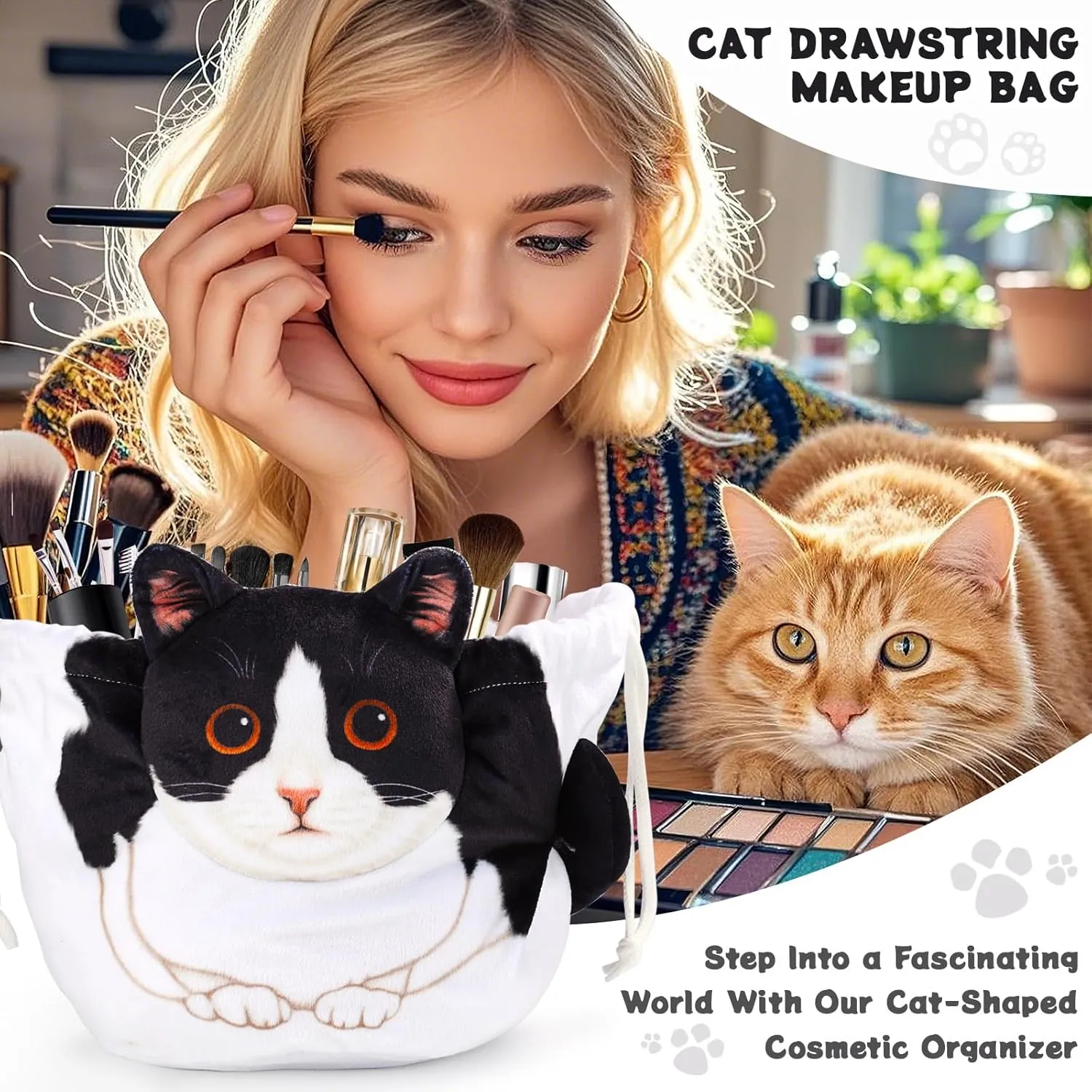 Drawstring Makeup Bag, Cat Makeup Bag, Travel Makeup Organizer, Cosmetic Pouch Bag, Cat Gift for Women, Lay Flat Makeup Bag Gifts for Cat Lovers