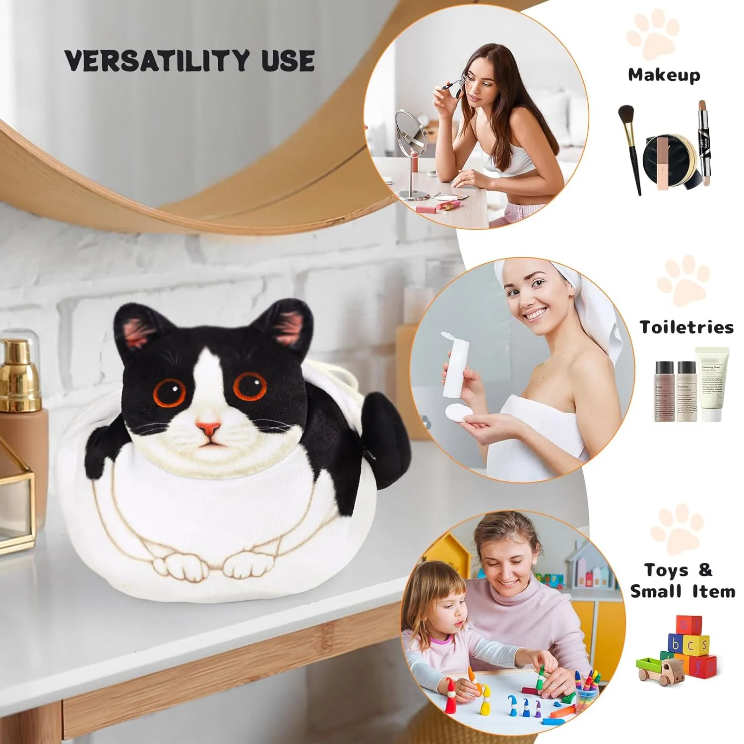 Drawstring Makeup Bag, Cat Makeup Bag, Travel Makeup Organizer, Cosmetic Pouch Bag, Cat Gift for Women, Lay Flat Makeup Bag Gifts for Cat Lovers