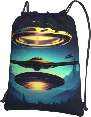 Drawstring Zipper Backpack - Lightweight and Durable Bag for Gym, Sports, Travel, and More Spacecraft descend Prints, Black, One Size