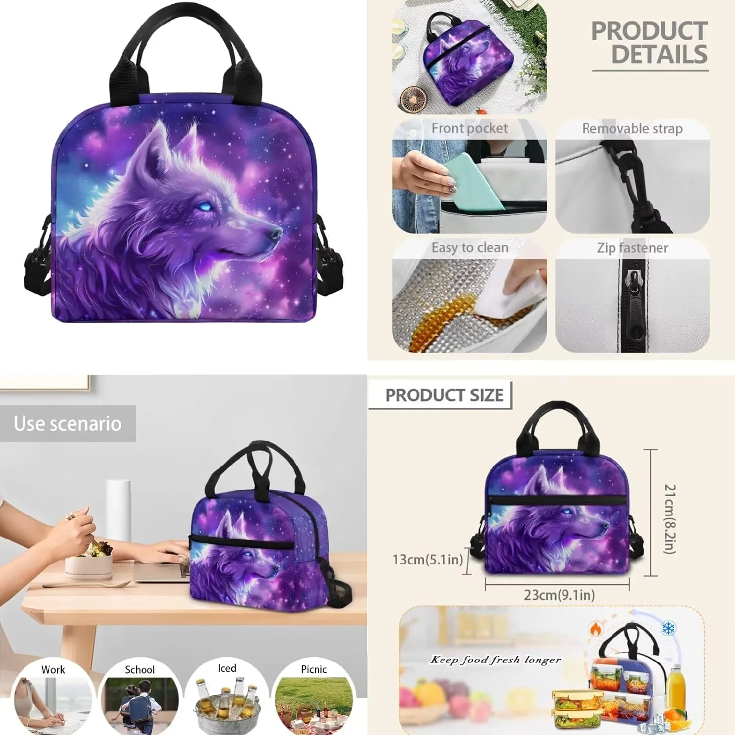 Dreaweet Galaxy Wolf Backpack with Lunch Box Kids Girls Ages 8-12 Purple Bookbag with Lunchbox and Pencil Case 3 in 1 Elementary School Bag 5th Grade/6th Grade Book Bag and Lunch Bag Set