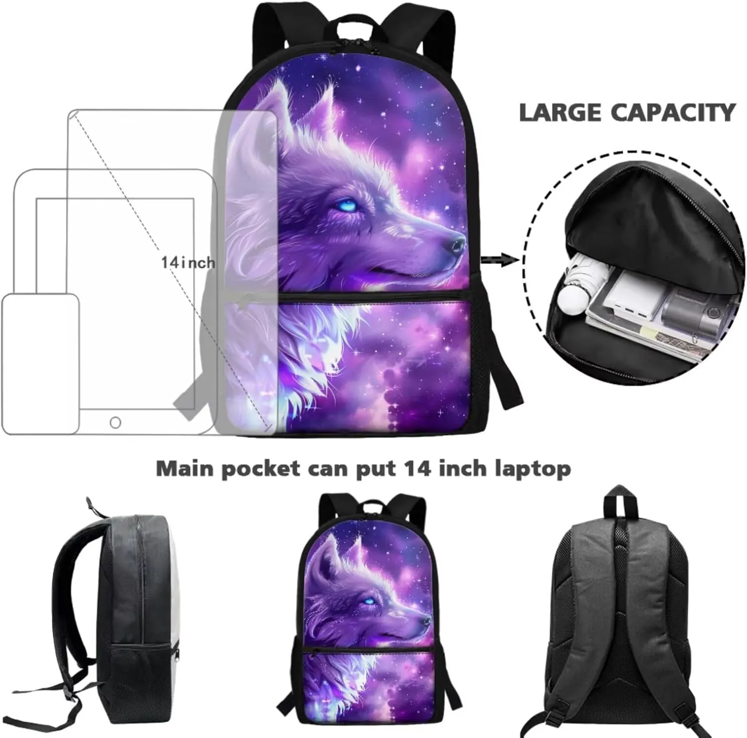 Dreaweet Galaxy Wolf Backpack with Lunch Box Kids Girls Ages 8-12 Purple Bookbag with Lunchbox and Pencil Case 3 in 1 Elementary School Bag 5th Grade/6th Grade Book Bag and Lunch Bag Set