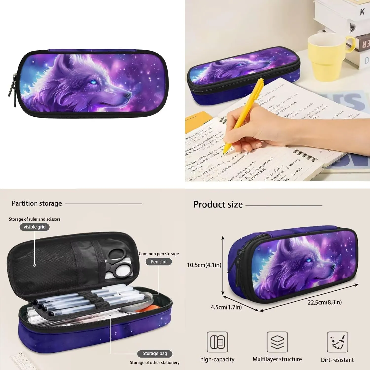 Dreaweet Galaxy Wolf Backpack with Lunch Box Kids Girls Ages 8-12 Purple Bookbag with Lunchbox and Pencil Case 3 in 1 Elementary School Bag 5th Grade/6th Grade Book Bag and Lunch Bag Set