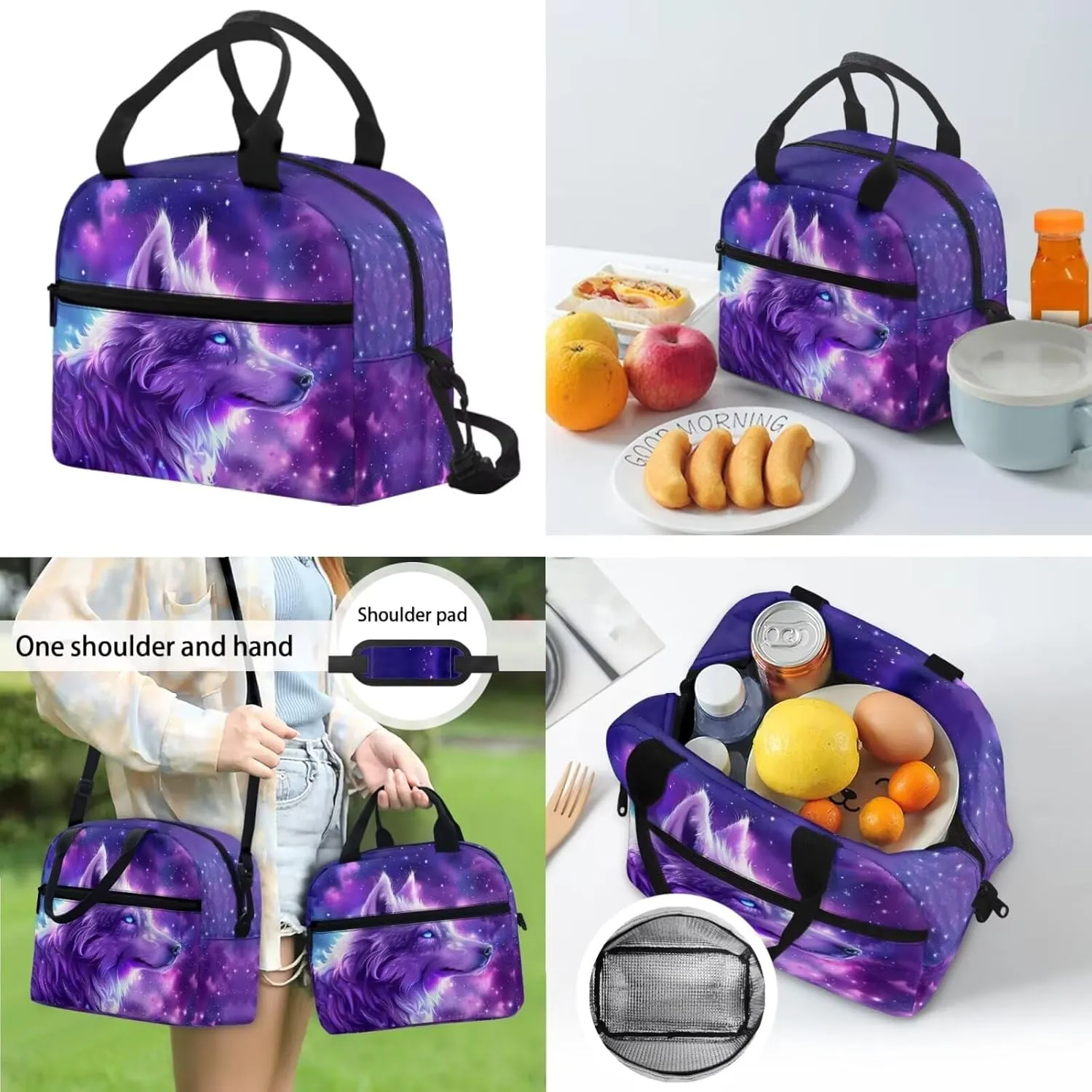 Dreaweet Galaxy Wolf Backpack with Lunch Box Kids Girls Ages 8-12 Purple Bookbag with Lunchbox and Pencil Case 3 in 1 Elementary School Bag 5th Grade/6th Grade Book Bag and Lunch Bag Set