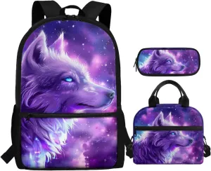 Dreaweet Galaxy Wolf Backpack with Lunch Box Kids Girls Ages 8-12 Purple Bookbag with Lunchbox and Pencil Case 3 in 1 Elementary School Bag 5th Grade/6th Grade Book Bag and Lunch Bag Set