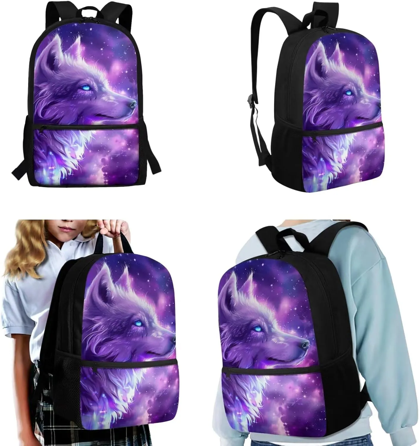 Dreaweet Galaxy Wolf Backpack with Lunch Box Kids Girls Ages 8-12 Purple Bookbag with Lunchbox and Pencil Case 3 in 1 Elementary School Bag 5th Grade/6th Grade Book Bag and Lunch Bag Set