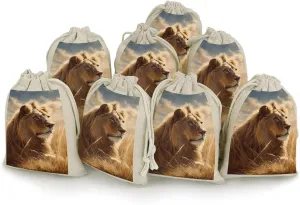 DWTJKMS Prairie Lion Gift Pouches 8PCS Portable Small Drawstring Storage Bags Pouches Reusable Cotton Linen Bunches Pocket For Wedding, Travel, Office, Workout (Unisex)