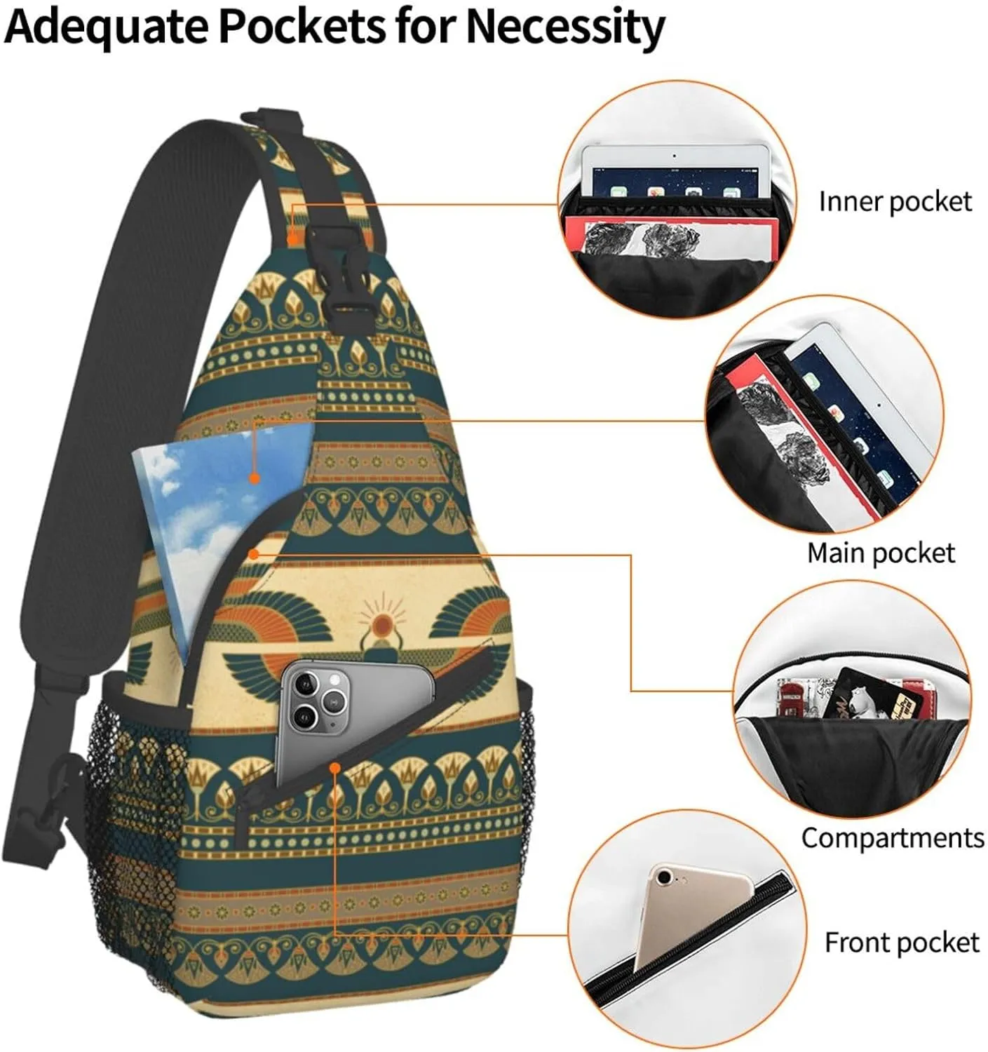 Egyptian Sling Backpack Chest Bag Crossbody Shoulder Bag Gym Cycling Travel Hiking Daypack For Men Women