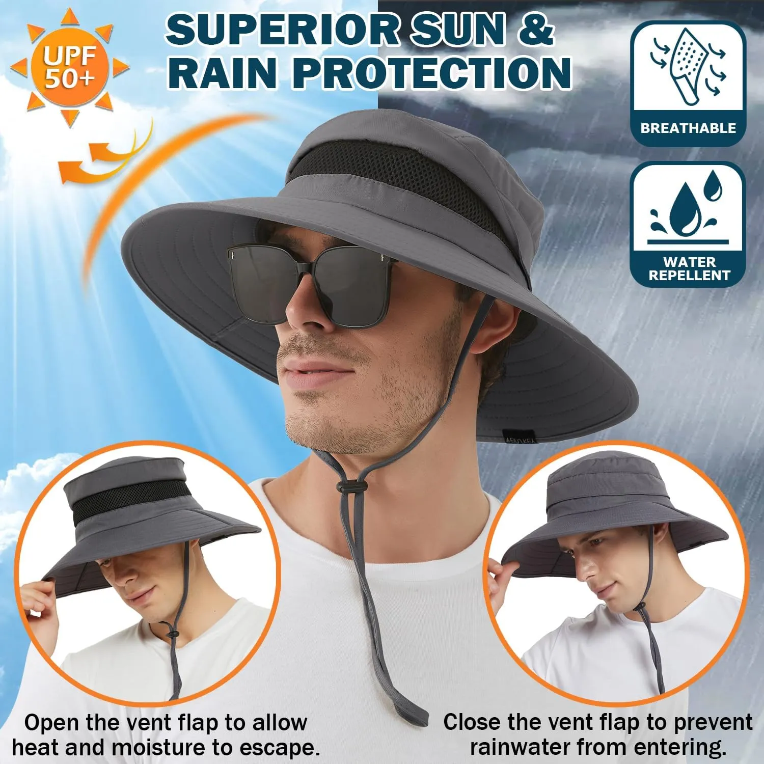 EINSKEY Waterproof Sun Hat for Men Women, UPF 50  UV Protection Wide Brim Packable Hat for Fishing Hiking Garden Safari Beach