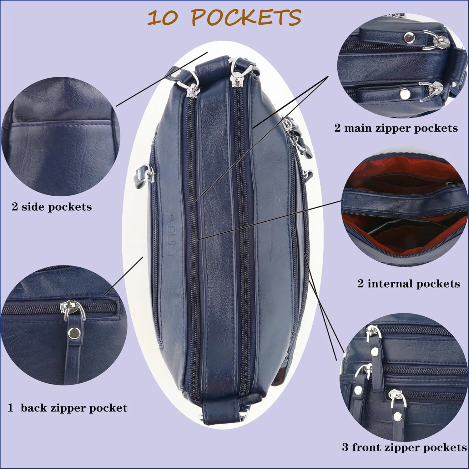 ELDA 10 Pockets Crossbody Purses for Women Medium Pocketbooks Lightweight Ladies Satchel Bag Multi Pocket Shoulder Handbag