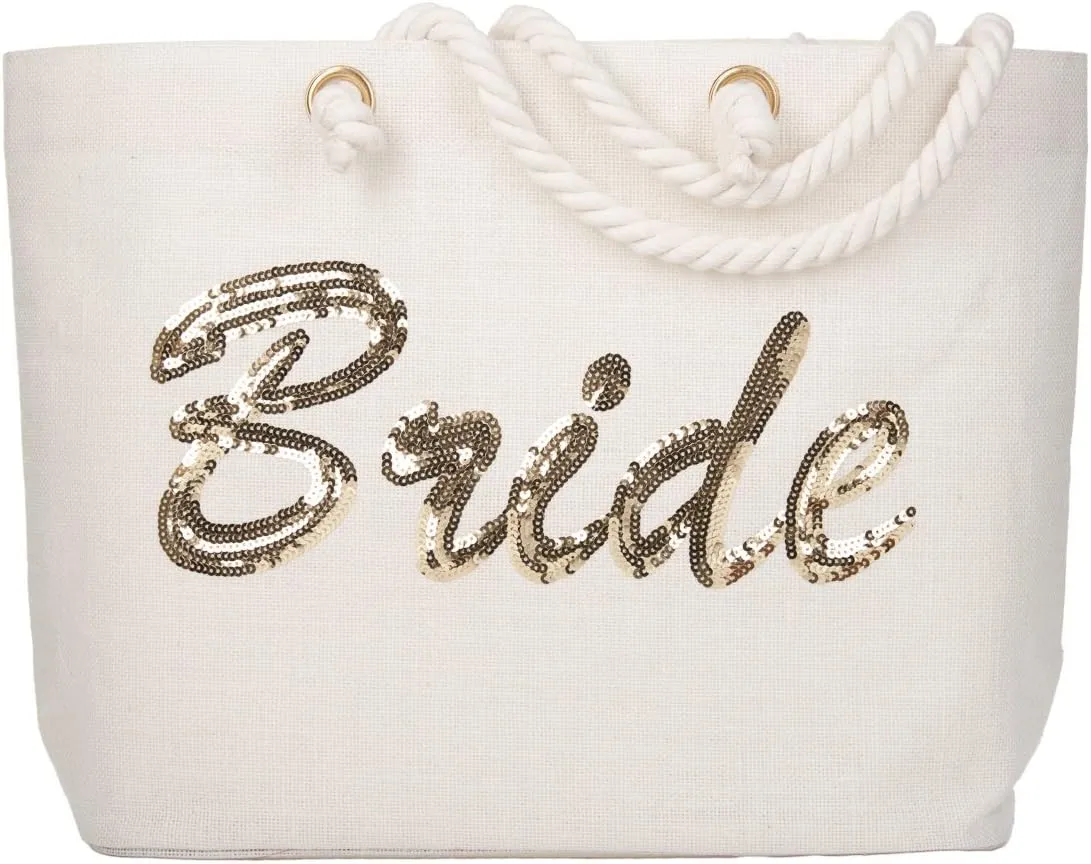 ELEGANTPARK Bride Tote Bag, Jute Silver Sequin Interior Pocket, Wedding Party Honeymoon Gifts for Her