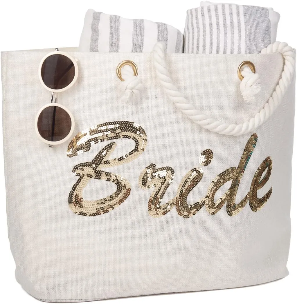 ELEGANTPARK Bride Tote Bag, Jute Silver Sequin Interior Pocket, Wedding Party Honeymoon Gifts for Her