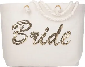 ELEGANTPARK Bride Tote Bag, Jute Silver Sequin Interior Pocket, Wedding Party Honeymoon Gifts for Her