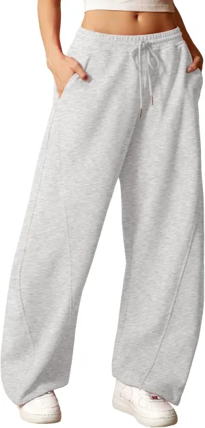 ELLEVEN Women's Y2K Wide Leg Sweatpants - High Elastic Waist Baggy Pants with Pockets & Adjustable Ankle Drawstring Cuffs