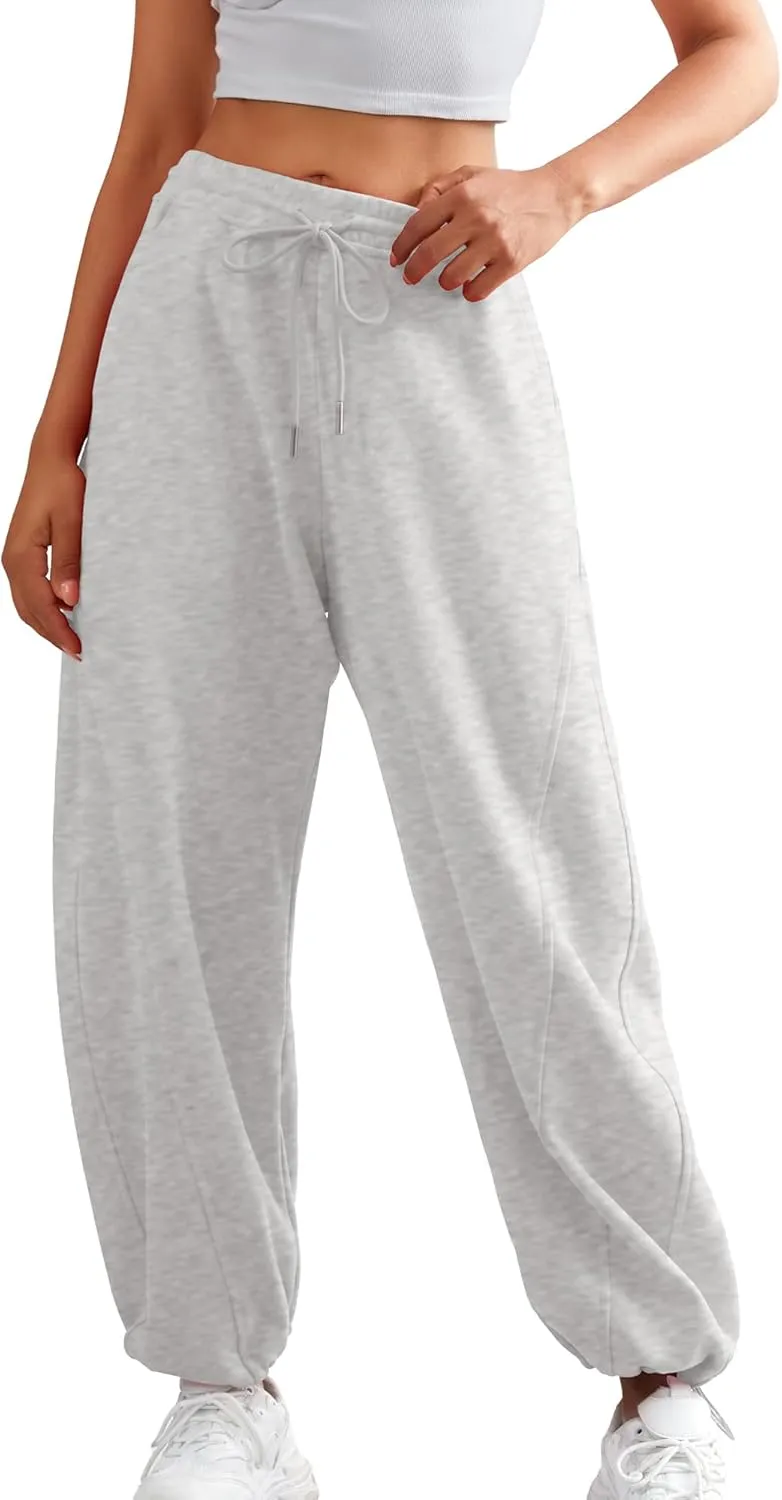 ELLEVEN Women's Y2K Wide Leg Sweatpants - High Elastic Waist Baggy Pants with Pockets & Adjustable Ankle Drawstring Cuffs