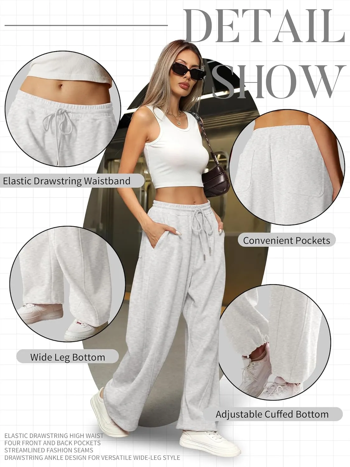 ELLEVEN Women's Y2K Wide Leg Sweatpants - High Elastic Waist Baggy Pants with Pockets & Adjustable Ankle Drawstring Cuffs