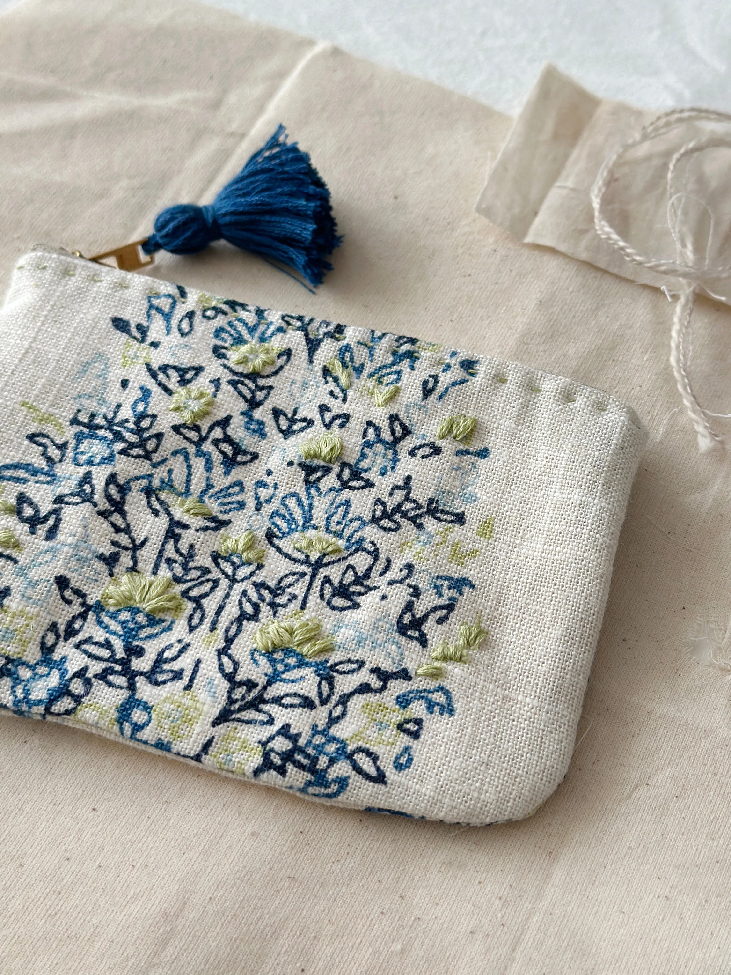 Embroidered Leaves Zip Pouch