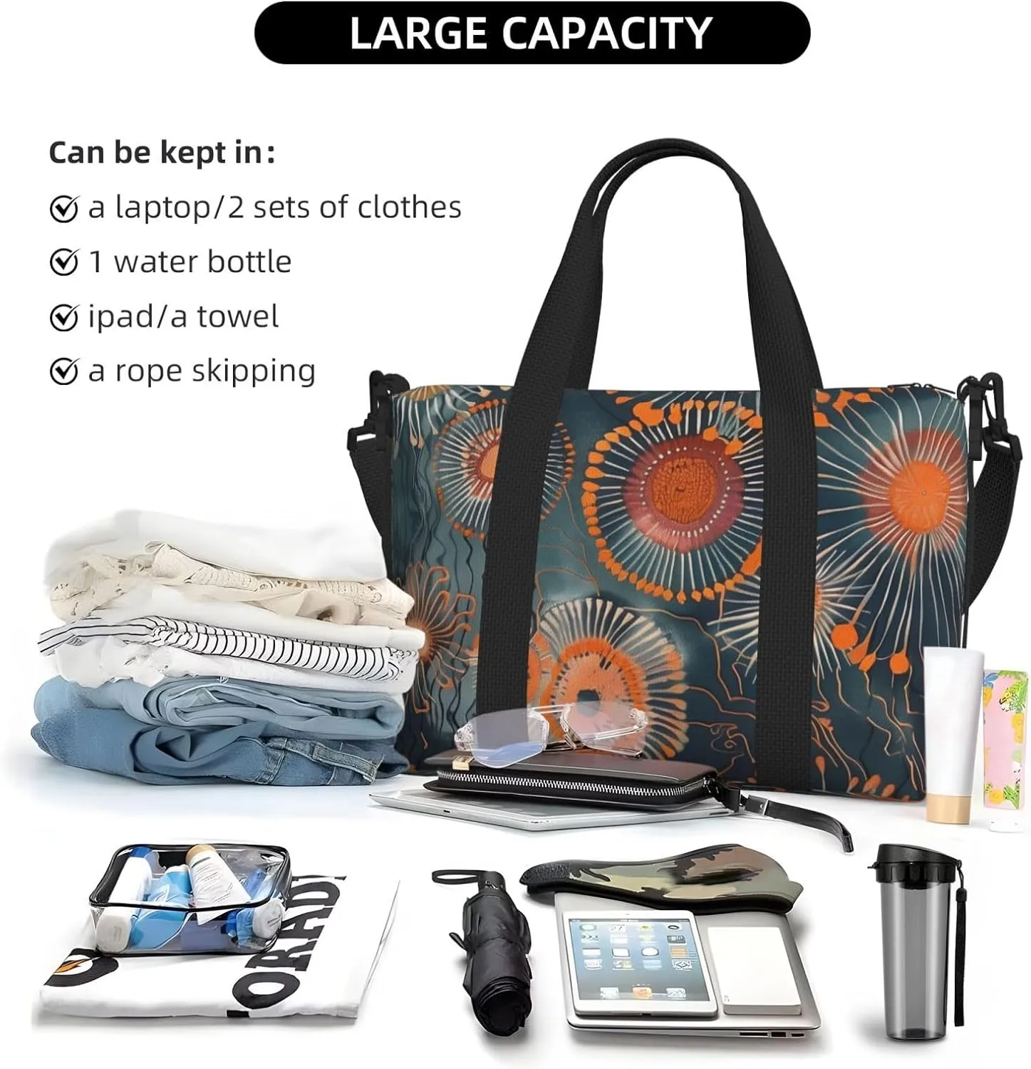 embroidered print Travel Duffel Bag, Sports Tote Gym Bag, Swim Pool Bag Large Shoulder Tote Bag for Beach Weekender