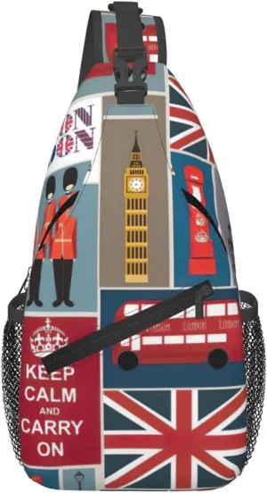 England Symbols Print Sling Bag Crossbody Sling Backpack Cross Body Shoulder Bag Travel Hiking Daypack, Black