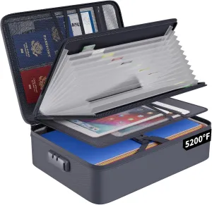ENGPOW 5200℉ Fireproof File Organizer Bag with 13 Pocket Accordion File Folder,Document Organizer Box with Lock&Labels,Multi-Layer Portable Home Travel Safe Storage Box for Important Documents,Gray