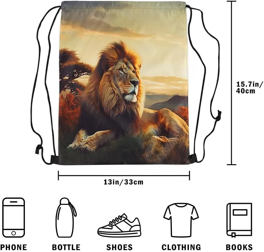 Erosebridal Lion Drawstring Bags Brown Lion Drawstring Backpack 3D Animal Printed Draw String Back Bag African Safari Animal String Backpack For Sport Gym Swim Yoga,13X15.7 Reversible