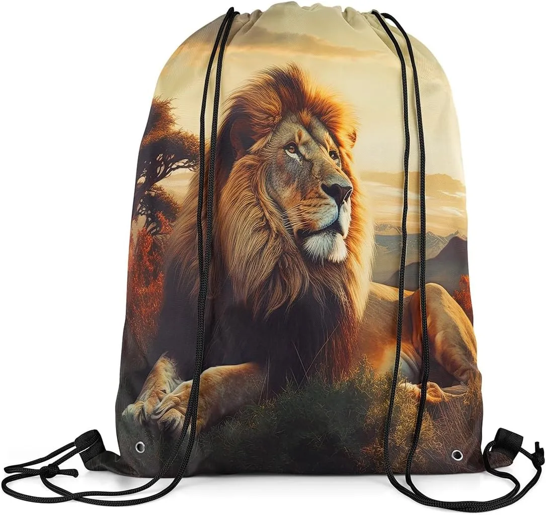 Erosebridal Lion Drawstring Bags Brown Lion Drawstring Backpack 3D Animal Printed Draw String Back Bag African Safari Animal String Backpack For Sport Gym Swim Yoga,13X15.7 Reversible