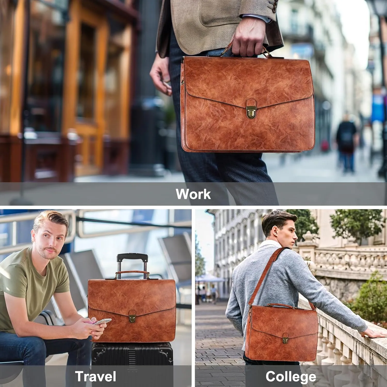 ESTARER Mens Computer Messenger Bag, 17.3 Inch Leather Briefcase Water-Resistant Work Satchel Shoulder Bag for Business/Office/College, Brown