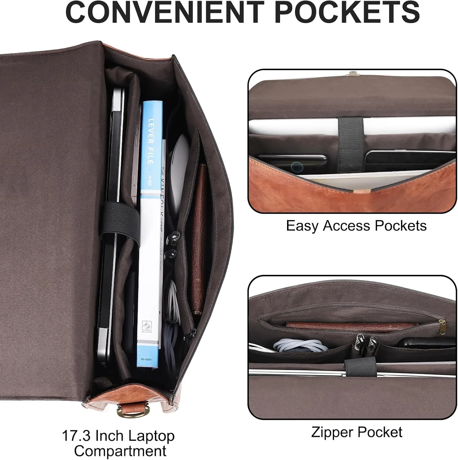 ESTARER Mens Computer Messenger Bag, 17.3 Inch Leather Briefcase Water-Resistant Work Satchel Shoulder Bag for Business/Office/College, Brown
