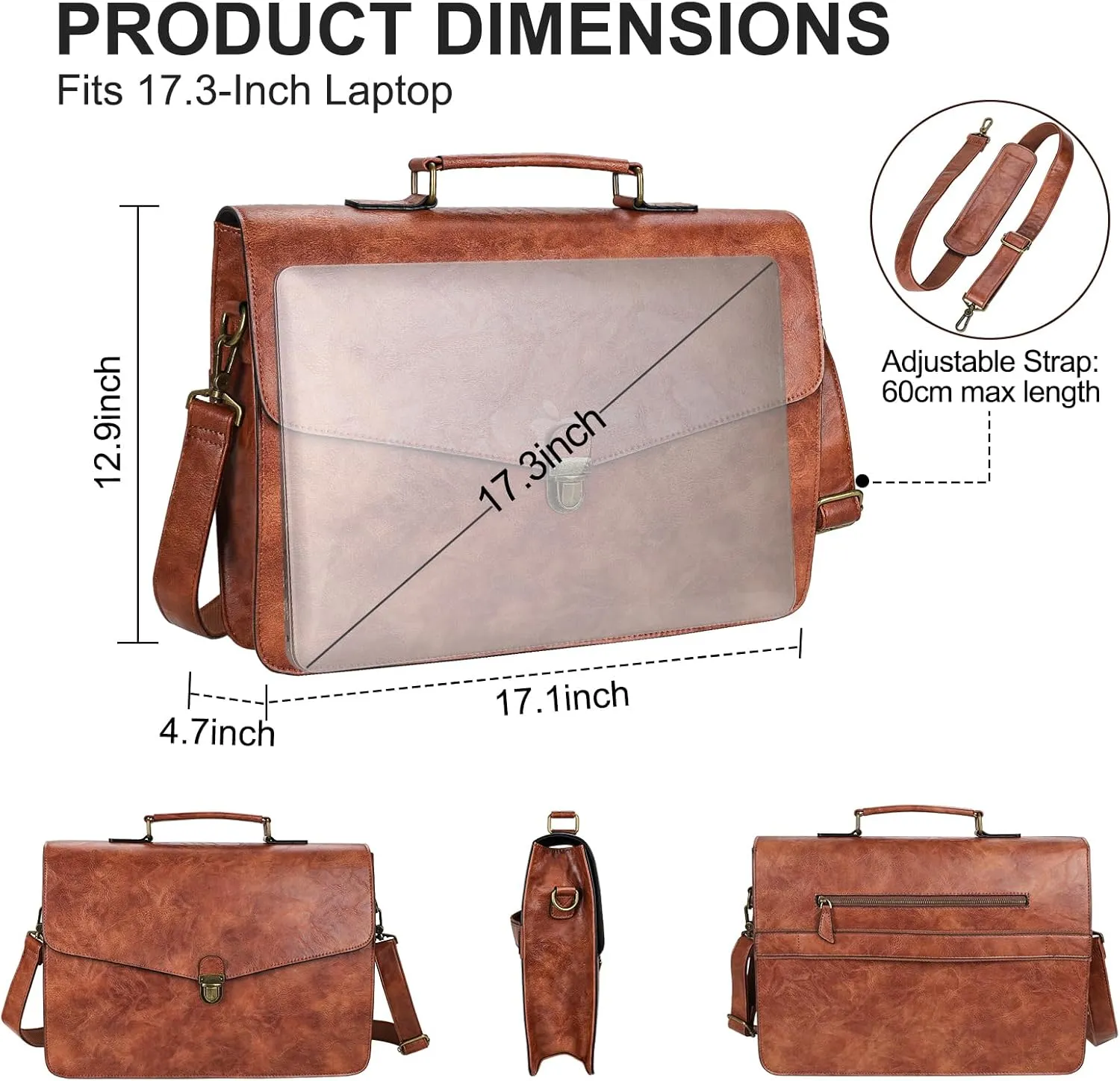 ESTARER Mens Computer Messenger Bag, 17.3 Inch Leather Briefcase Water-Resistant Work Satchel Shoulder Bag for Business/Office/College, Brown