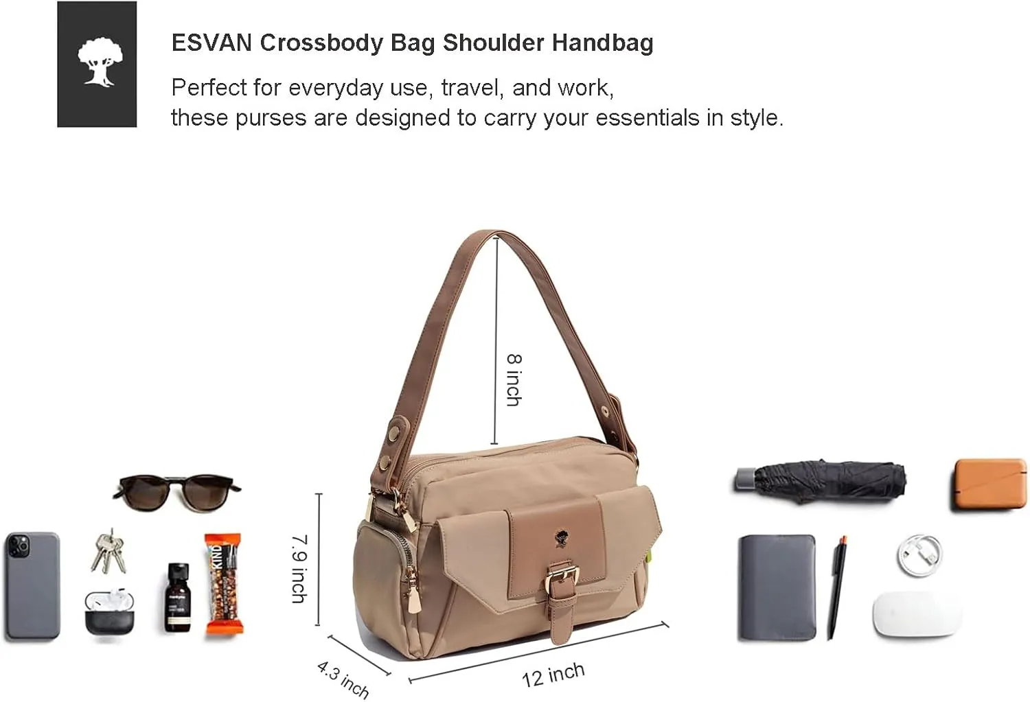 ESVAN Crossbody Bags for Women, Fashion Purses for Women Handbags Shoulder Bag with 2 Detachable Strap