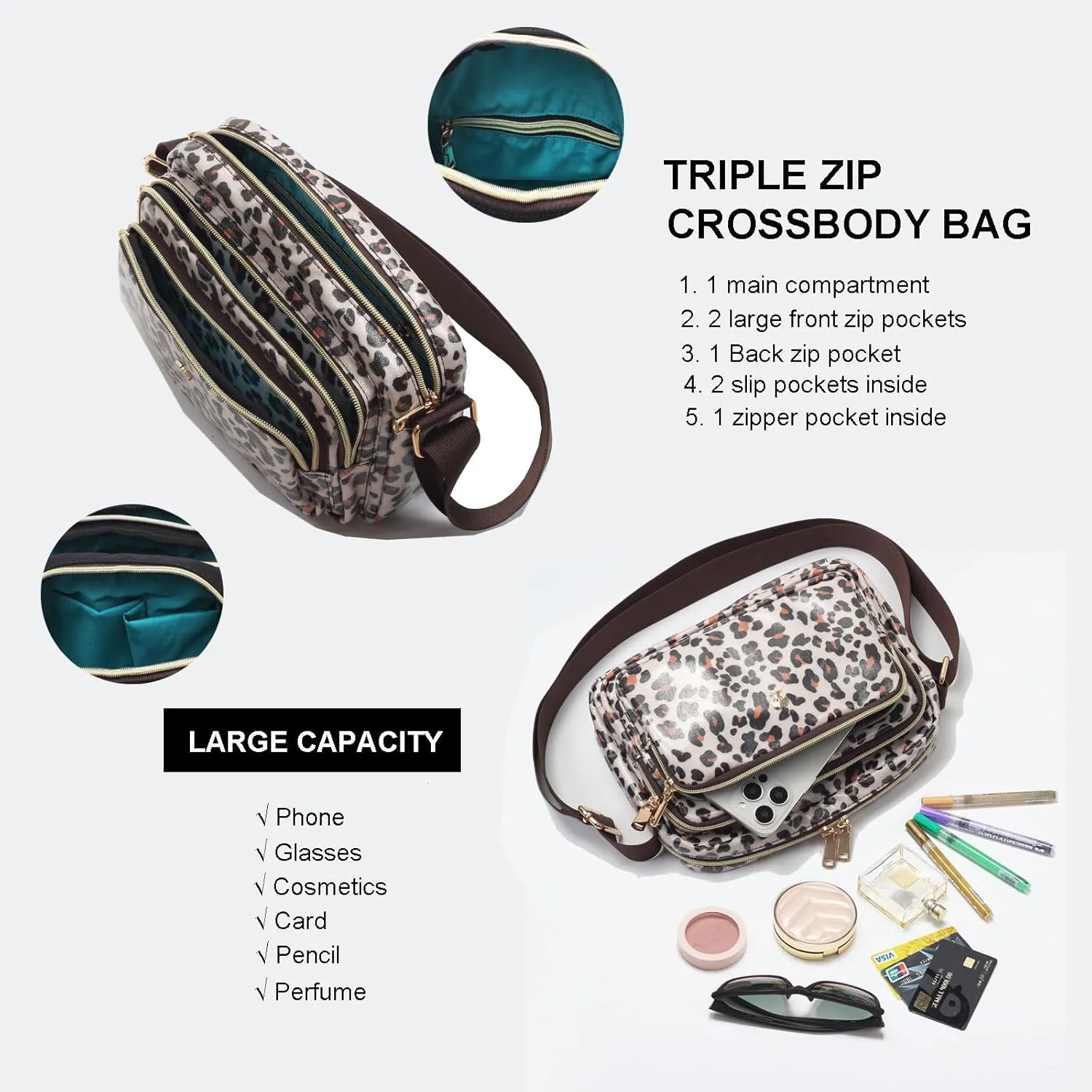 ESVAN Triple Zip Crossbody Bags for Women Fashion Ladies Purse Multi-Pocket Handbags Messenger Shoulder Bag