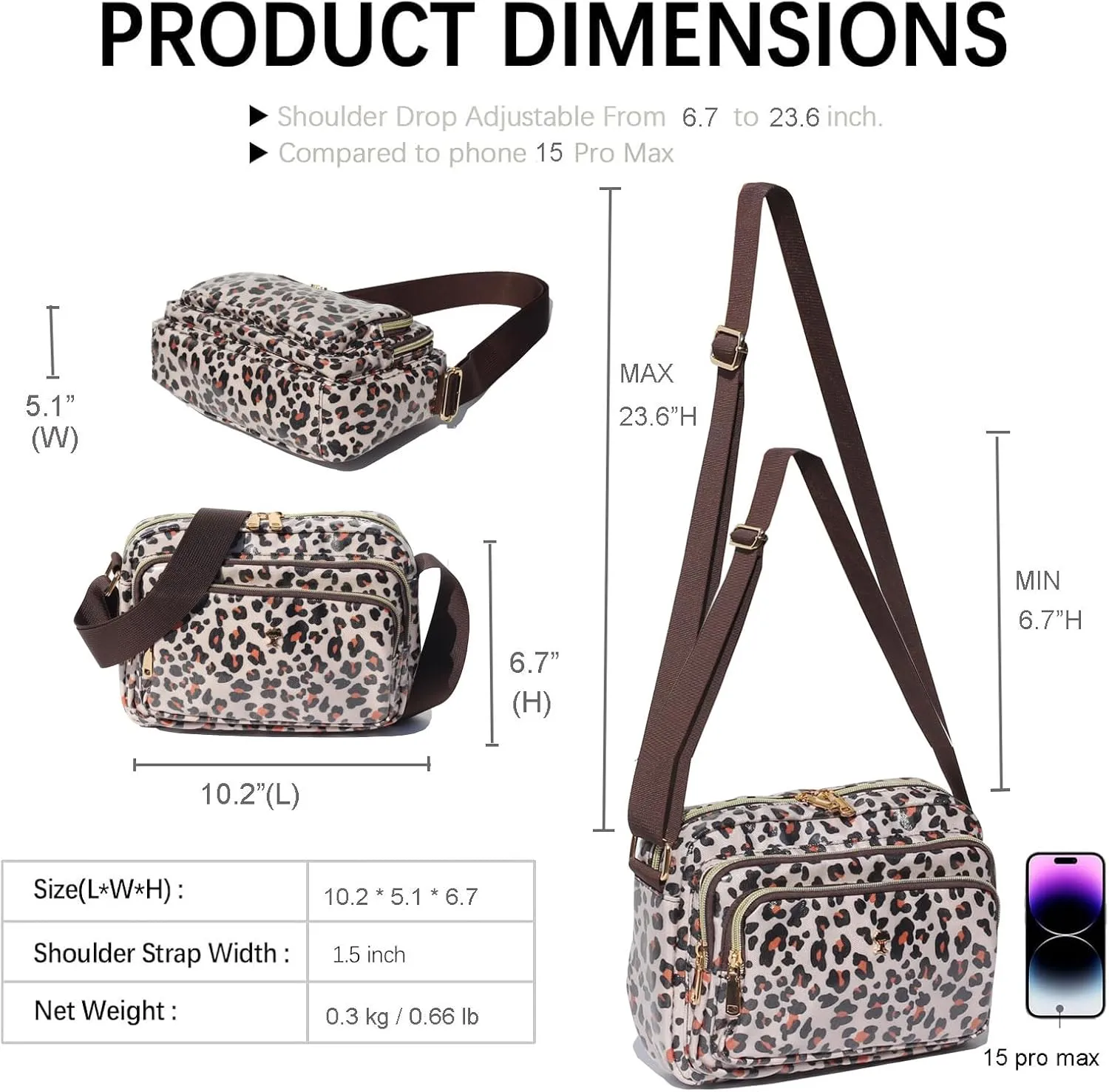 ESVAN Triple Zip Crossbody Bags for Women Fashion Ladies Purse Multi-Pocket Handbags Messenger Shoulder Bag