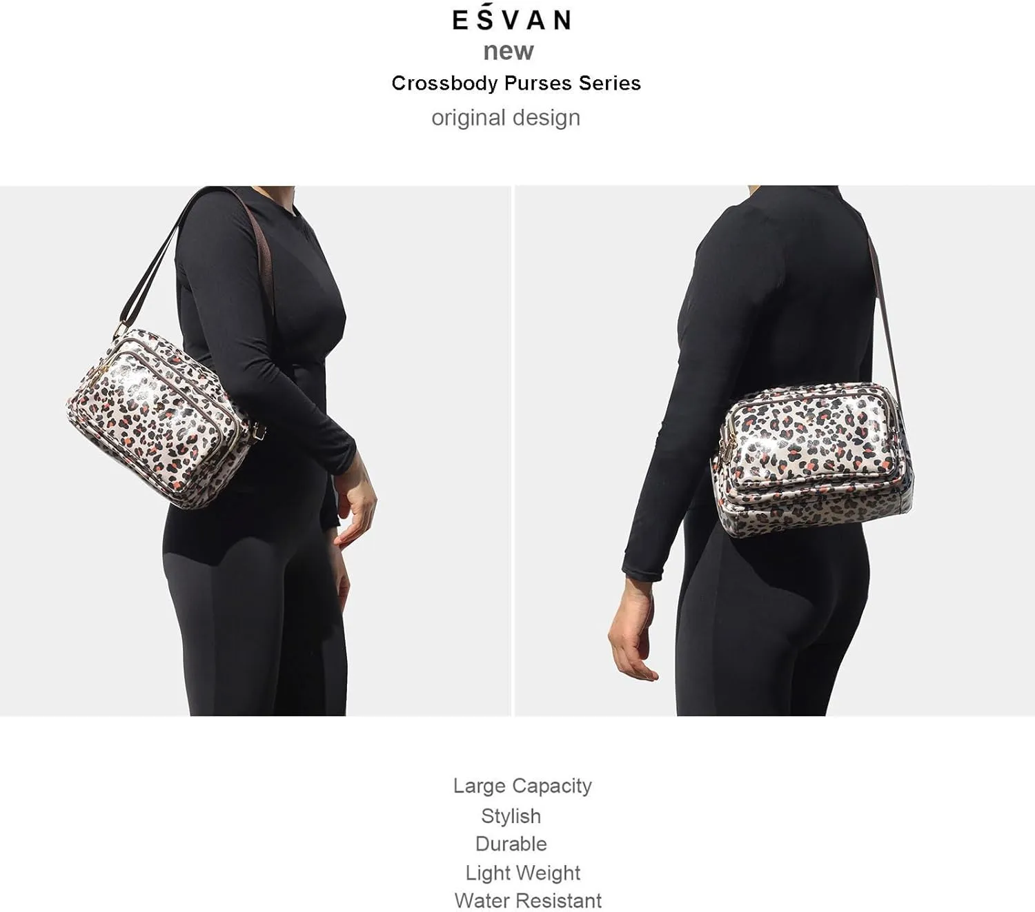 ESVAN Triple Zip Crossbody Bags for Women Fashion Ladies Purse Multi-Pocket Handbags Messenger Shoulder Bag