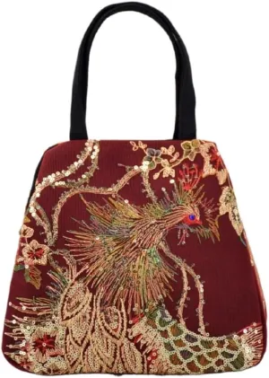 Ethnic Style Embroidered Handbag For Women Large Capacity Double Bag With Peacock Pattern Canvas Design