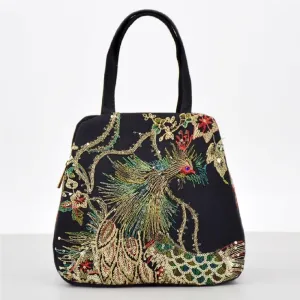 Ethnic Style Embroidered Handbag For Women Large Capacity Double Bag With Peacock Pattern Canvas Design