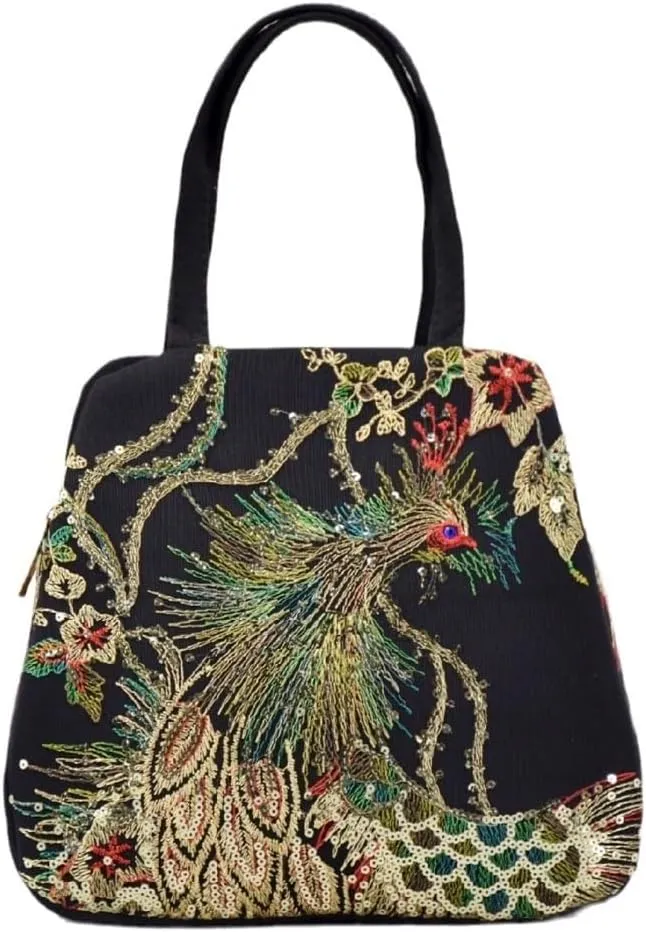 Ethnic Style Embroidered Handbag For Women Large Capacity Double Bag With Peacock Pattern Canvas Design