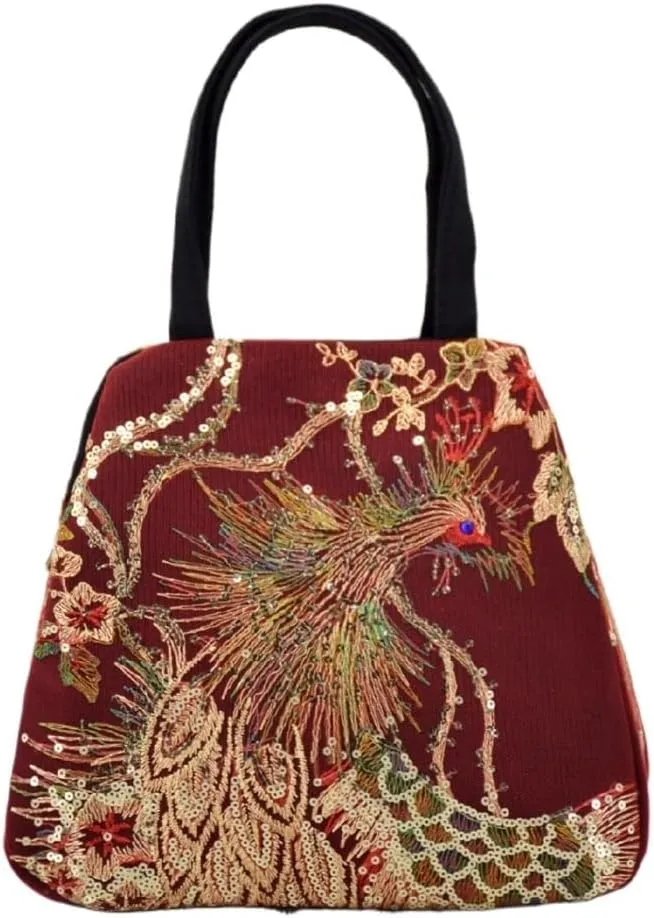 Ethnic Style Embroidered Handbag For Women Large Capacity Double Bag With Peacock Pattern Canvas Design